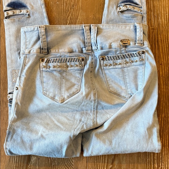 Revel Trendy Light Blue high waisted Skinny Jeans with Distressed bling Accents - Picture 4 of 10